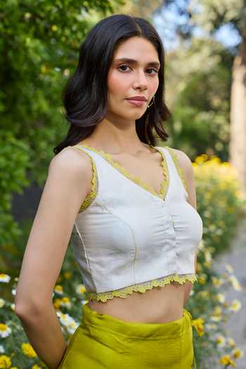Surmaye_Ivory Silk, Organza V-neck Petal And Path Embroidered Blouse _Online_at_Aza_Fashions