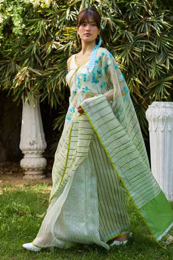 Buy_Surmaye_Ivory Silk, Organza V-neck Petal And Path Embroidered Blouse _Online_at_Aza_Fashions