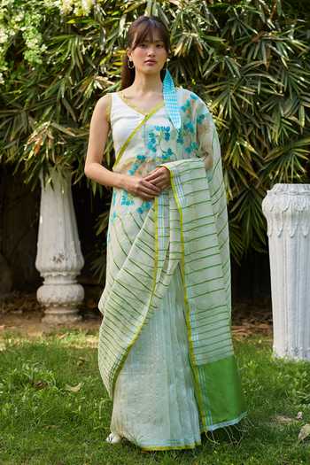 Shop_Surmaye_Ivory Silk, Organza V-neck Petal And Path Embroidered Blouse _Online_at_Aza_Fashions