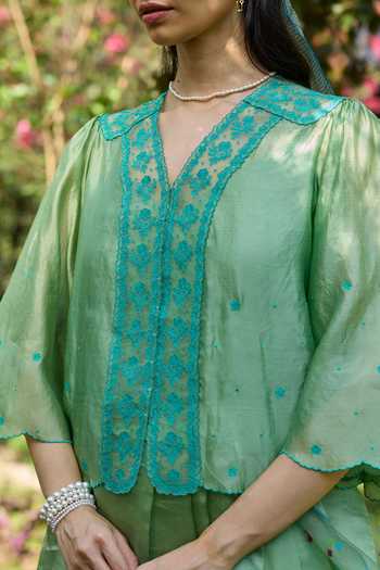 Surmaye Green Silk, Organza V-neck River Fork Embroidered Top Online at Aza Fashions Surmaye_Green Silk, Organza V-neck River Fork Embroidered Top _Online_at_Aza_Fashions