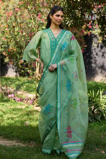 Shop Surmaye Green Silk, Organza V-neck River Fork Embroidered Top Online at Aza Fashions Shop_Surmaye_Green Silk, Organza V-neck River Fork Embroidered Top _Online_at_Aza_Fashions
