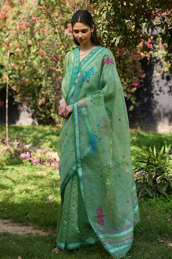 Surmaye Green Silk, Organza V-neck River Fork Embroidered Top at Aza Fashions Surmaye_Green Silk, Organza V-neck River Fork Embroidered Top _at_Aza_Fashions