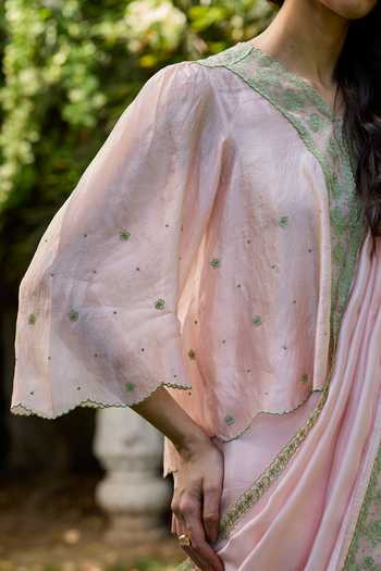 Surmaye_Pink Silk, Organza V-neck River Fork Embroidered Top _Online_at_Aza_Fashions