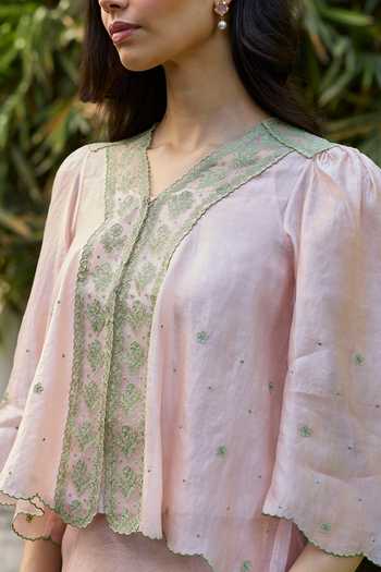 Buy_Surmaye_Pink Silk, Organza V-neck River Fork Embroidered Top _Online_at_Aza_Fashions