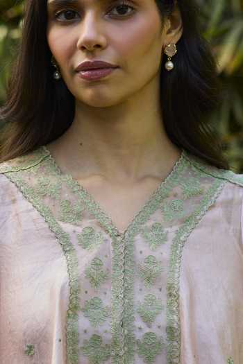 Shop_Surmaye_Pink Silk, Organza V-neck River Fork Embroidered Top _Online_at_Aza_Fashions