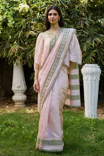 Surmaye_Pink Silk, Organza V-neck River Fork Embroidered Top _at_Aza_Fashions