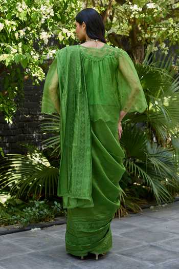 Surmaye_Green , , V-neck Wander Trail Embroidered Top And Slip Set _Online_at_Aza_Fashions