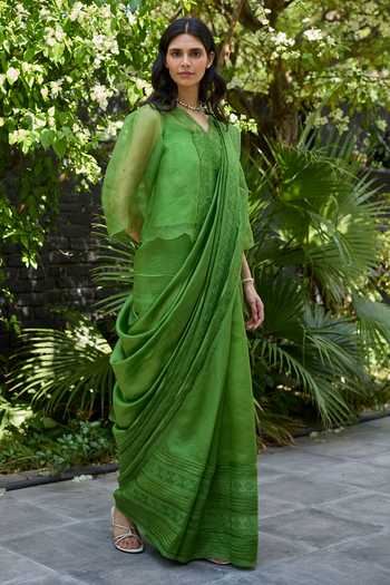Buy_Surmaye_Green , , V-neck Wander Trail Embroidered Top And Slip Set _Online_at_Aza_Fashions