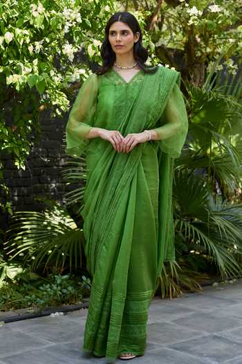 Shop_Surmaye_Green , , V-neck Wander Trail Embroidered Top And Slip Set _Online_at_Aza_Fashions