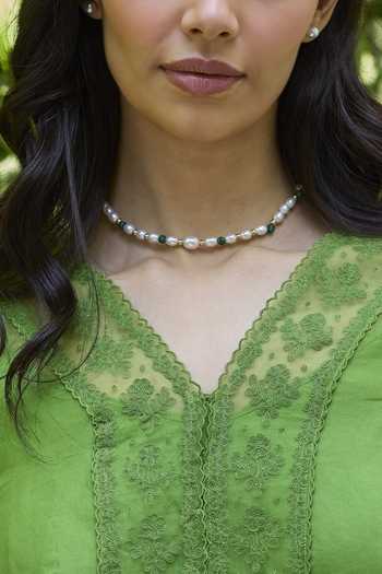 Surmaye_Green , , V-neck Wander Trail Embroidered Top And Slip Set _at_Aza_Fashions