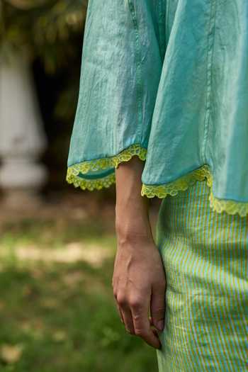 Surmaye_Blue Silk, Organza Mandarin Collar Drifting Clouds Embroidered Top _Online_at_Aza_Fashions