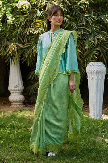 Buy_Surmaye_Blue Silk, Organza Mandarin Collar Drifting Clouds Embroidered Top _Online_at_Aza_Fashions