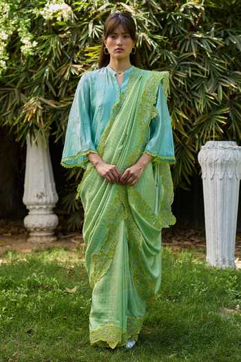 Shop_Surmaye_Blue Silk, Organza Mandarin Collar Drifting Clouds Embroidered Top _Online_at_Aza_Fashions