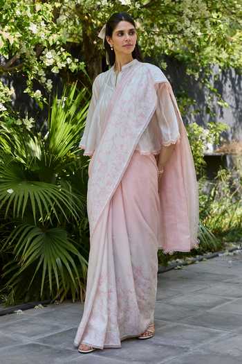 Surmaye_Ivory Silk, Organza Split V-neck Drifting Clouds Top With Slip _Online_at_Aza_Fashions