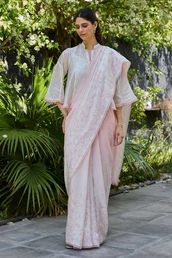 Buy_Surmaye_Ivory Silk, Organza Split V-neck Drifting Clouds Top With Slip _Online_at_Aza_Fashions