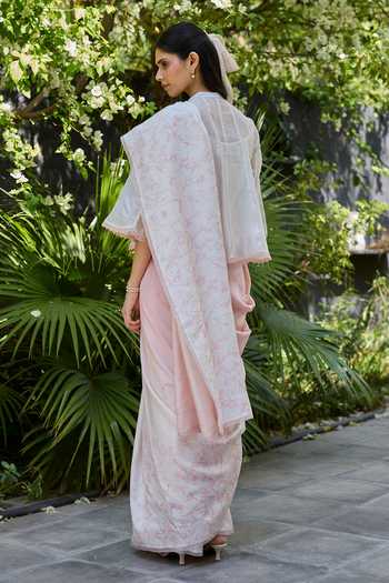 Shop_Surmaye_Ivory Silk, Organza Split V-neck Drifting Clouds Top With Slip _Online_at_Aza_Fashions