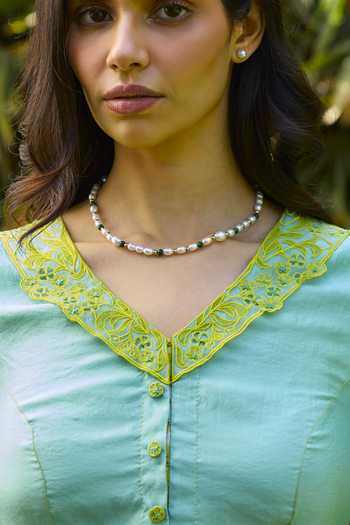 Surmaye_Blue Silk, Organza V-neck English Morning Handwoven Blouse _Online_at_Aza_Fashions