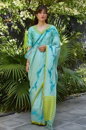 Buy_Surmaye_Blue Silk, Organza V-neck English Morning Handwoven Blouse _Online_at_Aza_Fashions