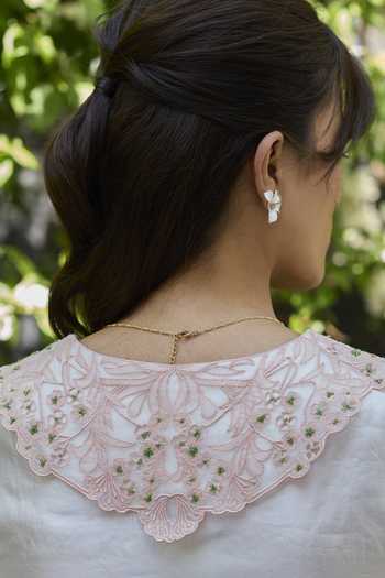 Surmaye_Pink Silk, Organza V-neck English Morning Ivory Embroidered Blouse _Online_at_Aza_Fashions