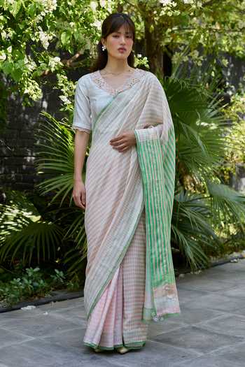 Buy_Surmaye_Pink Silk, Organza V-neck English Morning Ivory Embroidered Blouse _Online_at_Aza_Fashions