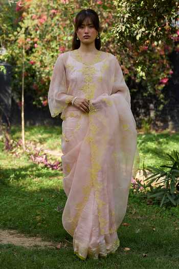 Buy_Surmaye_Pink Silk Organza V-neck First Light Embroidered Top With Slip _Online_at_Aza_Fashions