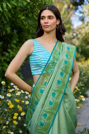 Buy_Surmaye_Green Silk, Organza Pomegranate Trail Embroidered Saree _Online_at_Aza_Fashions