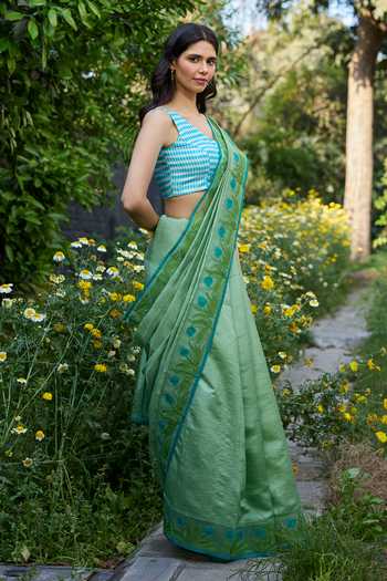 Shop_Surmaye_Green Silk, Organza Pomegranate Trail Embroidered Saree _Online_at_Aza_Fashions