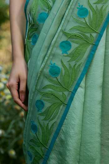 Surmaye_Green Silk, Organza Pomegranate Trail Embroidered Saree _at_Aza_Fashions