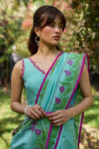 Buy_Surmaye_Blue Silk, Organza Pomegranate Trail Embroidered Saree _Online_at_Aza_Fashions