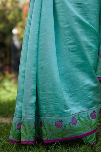 Surmaye_Blue Silk, Organza Pomegranate Trail Embroidered Saree _at_Aza_Fashions