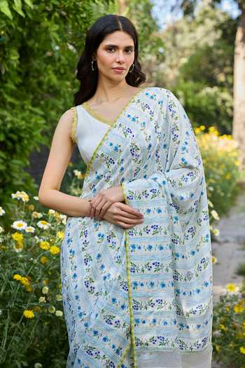 Surmaye_Ivory Silk Hidden Orchard Saree _at_Aza_Fashions