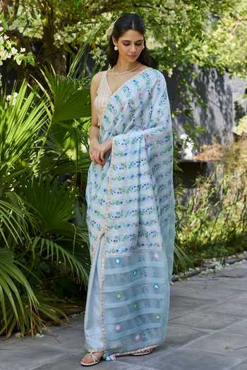 Surmaye_Pink Silk Hidden Orchard Blue Saree _at_Aza_Fashions