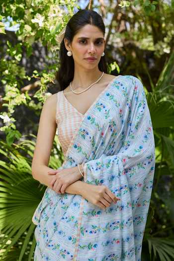 Buy_Surmaye_Pink Silk Hidden Orchard Blue Saree 