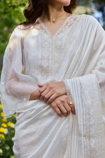 Shop_Surmaye_Ivory Silk, Organza Wander Trail Embroidered Saree _Online_at_Aza_Fashions