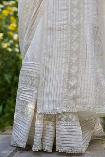 Surmaye_Ivory Silk, Organza Wander Trail Embroidered Saree _at_Aza_Fashions