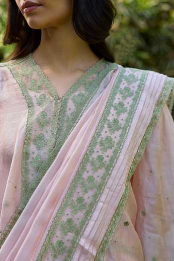 Surmaye_Pink Silk, Organza Fern Line Embroidered Saree _at_Aza_Fashions