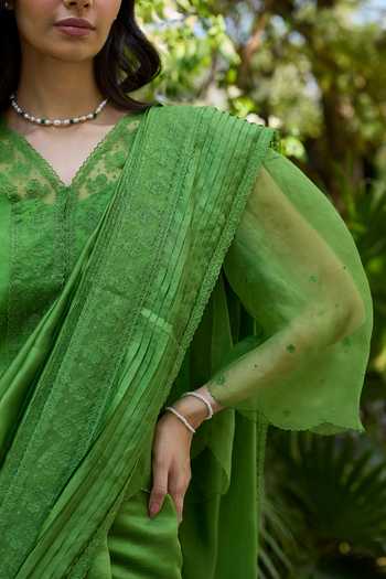 Buy_Surmaye_Green Silk, Organza Wander Trail Embroidered Saree _Online_at_Aza_Fashions