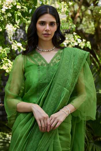 Shop_Surmaye_Green Silk, Organza Wander Trail Embroidered Saree _Online_at_Aza_Fashions