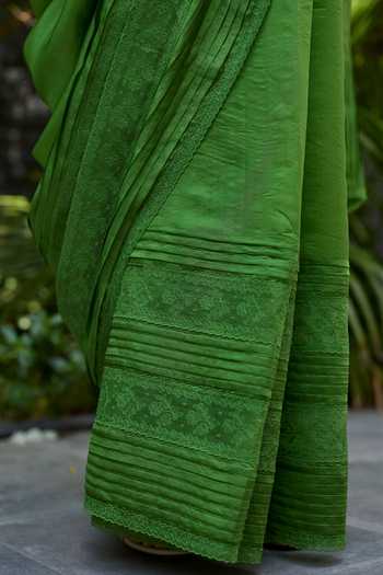 Surmaye_Green Silk, Organza Wander Trail Embroidered Saree _at_Aza_Fashions