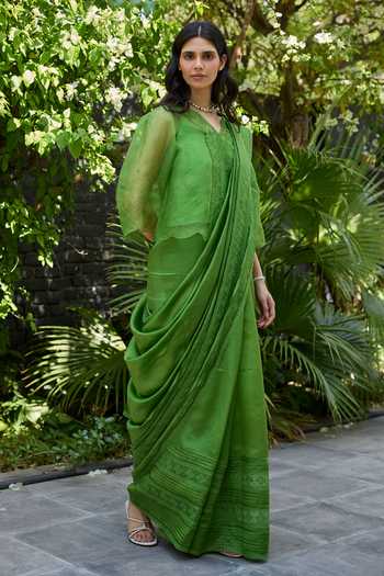 Shop_Surmaye_Green Silk, Organza Wander Trail Embroidered Saree 