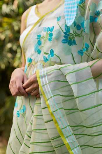 Buy_Surmaye_Ivory Silk, Organza Water To Wood Jamdani Saree _Online_at_Aza_Fashions