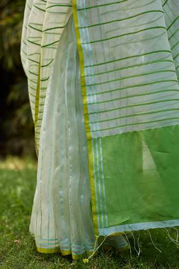 Shop_Surmaye_Ivory Silk, Organza Water To Wood Jamdani Saree _Online_at_Aza_Fashions