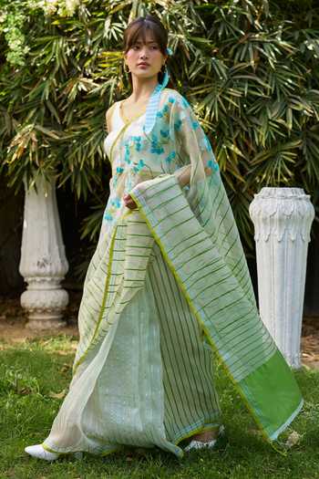Shop_Surmaye_Ivory Silk, Organza Water To Wood Jamdani Saree 