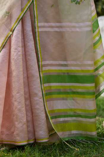 Shop_Surmaye_Pink Silk, Organza Blush And Berry Jamdani Saree 