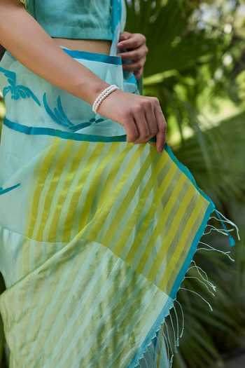 Shop_Surmaye_Blue Silk, Organza Playful Flight Jamdani Saree _Online_at_Aza_Fashions