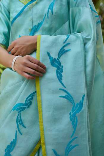 Surmaye_Blue Silk, Organza Playful Flight Jamdani Saree _at_Aza_Fashions