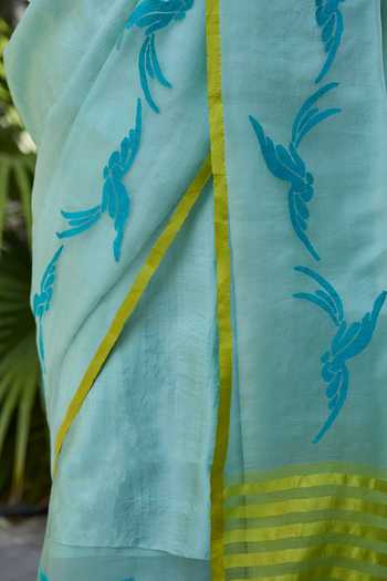 Buy_Surmaye_Blue Silk, Organza Playful Flight Jamdani Saree 