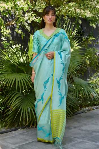 Surmaye Playful Flight Blue Jamdani Saree 