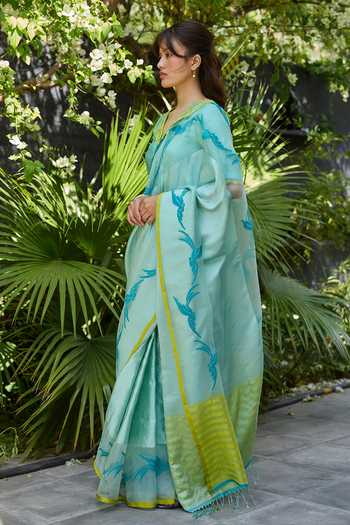Shop_Surmaye_Blue Silk, Organza Playful Flight Jamdani Saree 