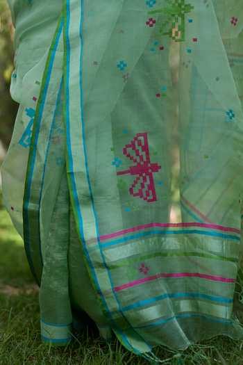 Surmaye_Green Silk, Organza Garden Butterfly Jamdani Saree _at_Aza_Fashions